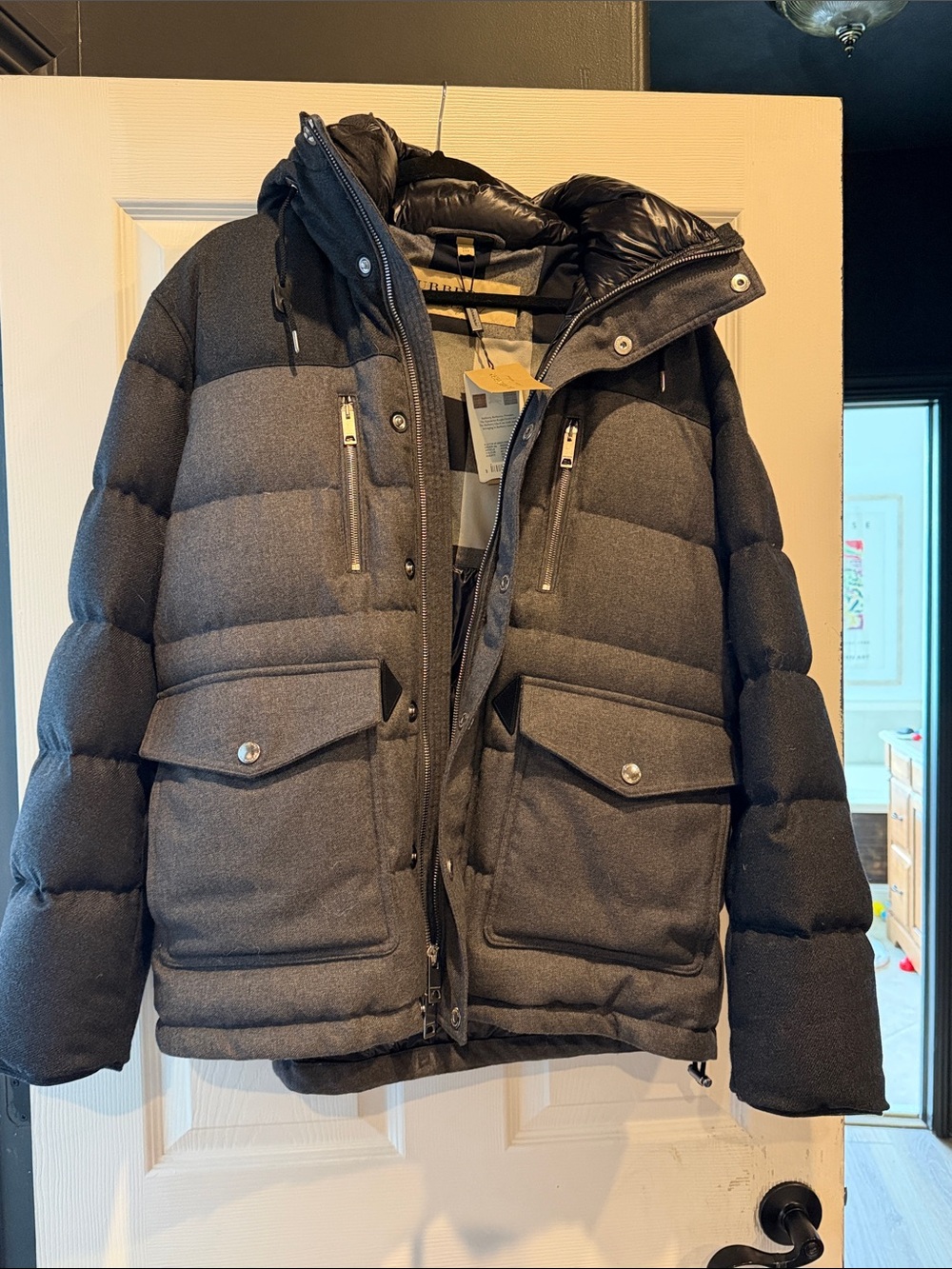 Burberry Charcoal and Dark Gray Quilted Down Puffer Jacket with Hood